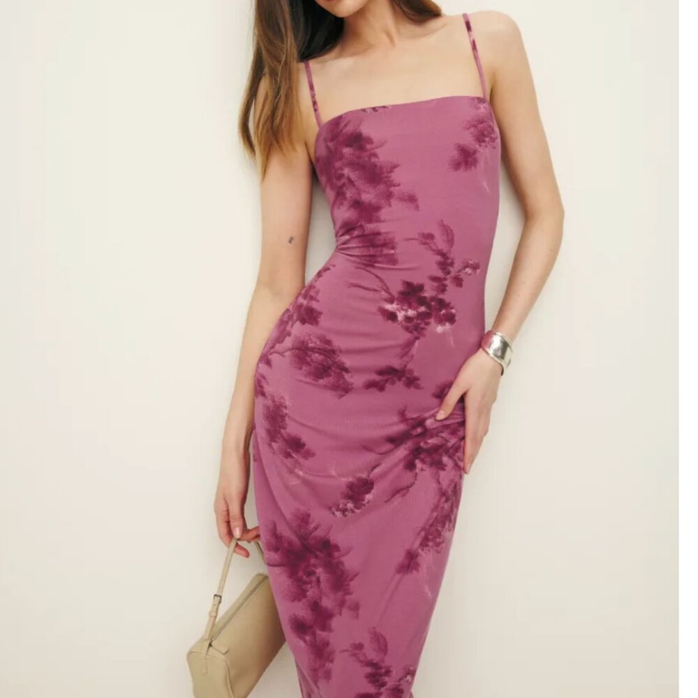 BEST Reformation Elise Midi Knit Dress XSmall Hothouse Rose Pink Floral Bodycon - Picture 2 of 11